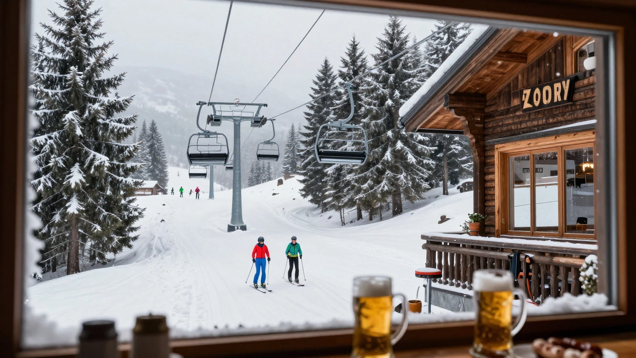 Спокойный зимний день в австрийском курорте Зелль-ам-Циллер, с лыжниками и традиционной пивной.