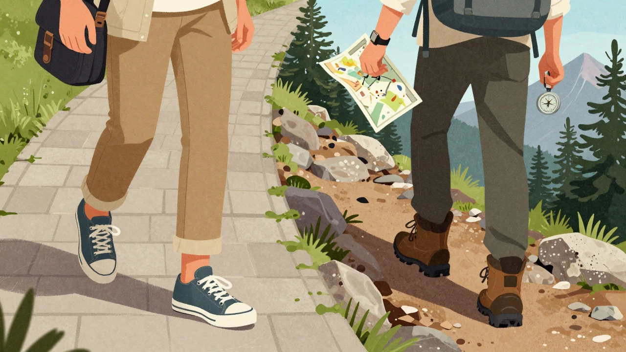 Сравнение: человек в кроссовках на асфальте и хайкингер на каменистой тропе с картой.
