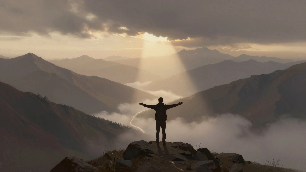 Турист на перевале с раскинутыми руками смотрит на бескрайние горы на рассвете.