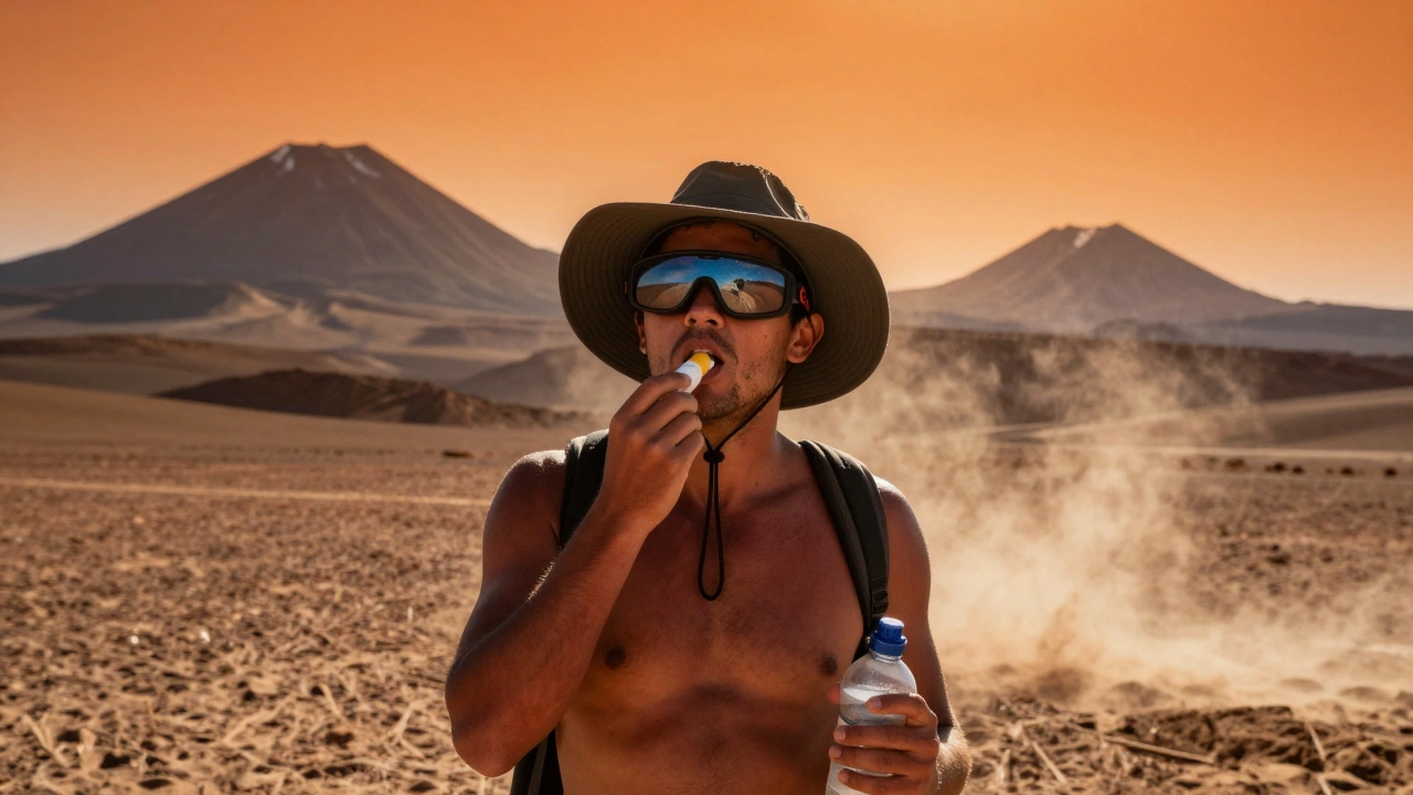 Турист в пустыне Атакама с треснувшими губами и бутылкой воды на фоне вулканов.