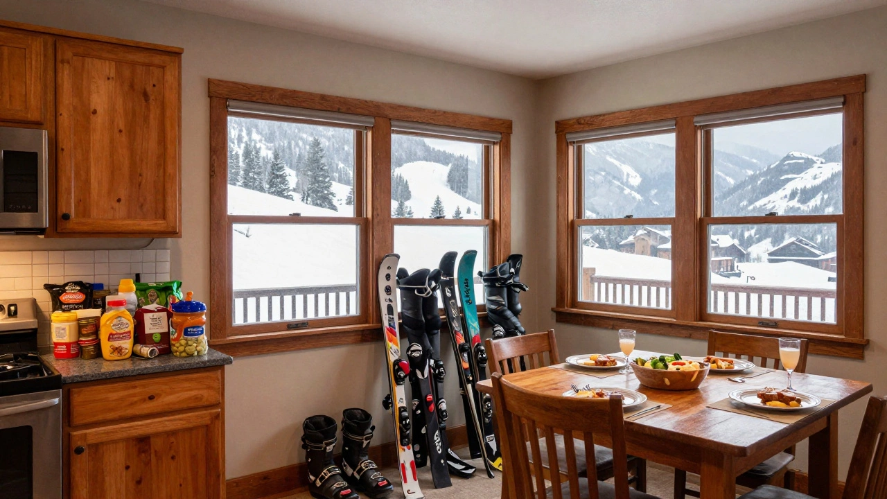 Уютная горная квартира с кухней, где готовят еду, лыжные ботинки сушатся у окна, за окном — снег и склоны.
