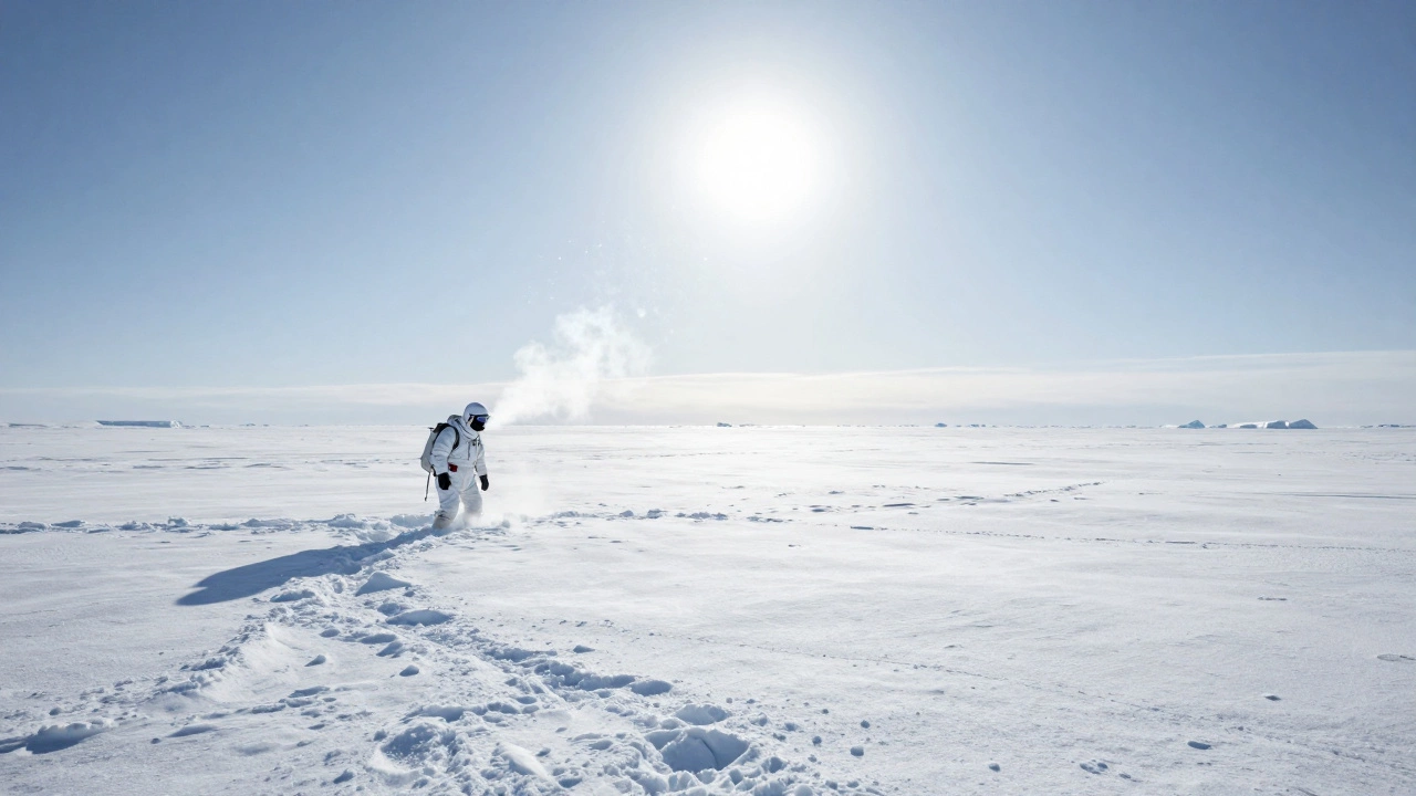 Внутренняя Антарктида: бескрайняя белая пустыня с замерзшим дыханием в воздухе.