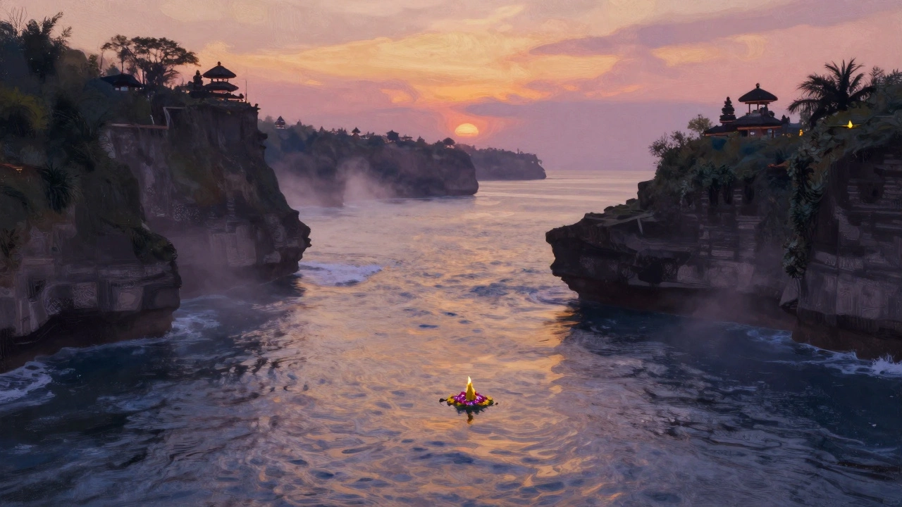 Закат на Бали: розово-золотая вода, скалы и цветы на поверхности моря.