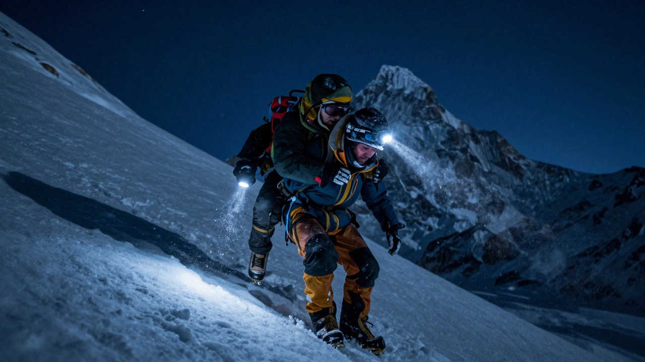 Альпинист несёт безсознательного напарника по леднику под звёздами.