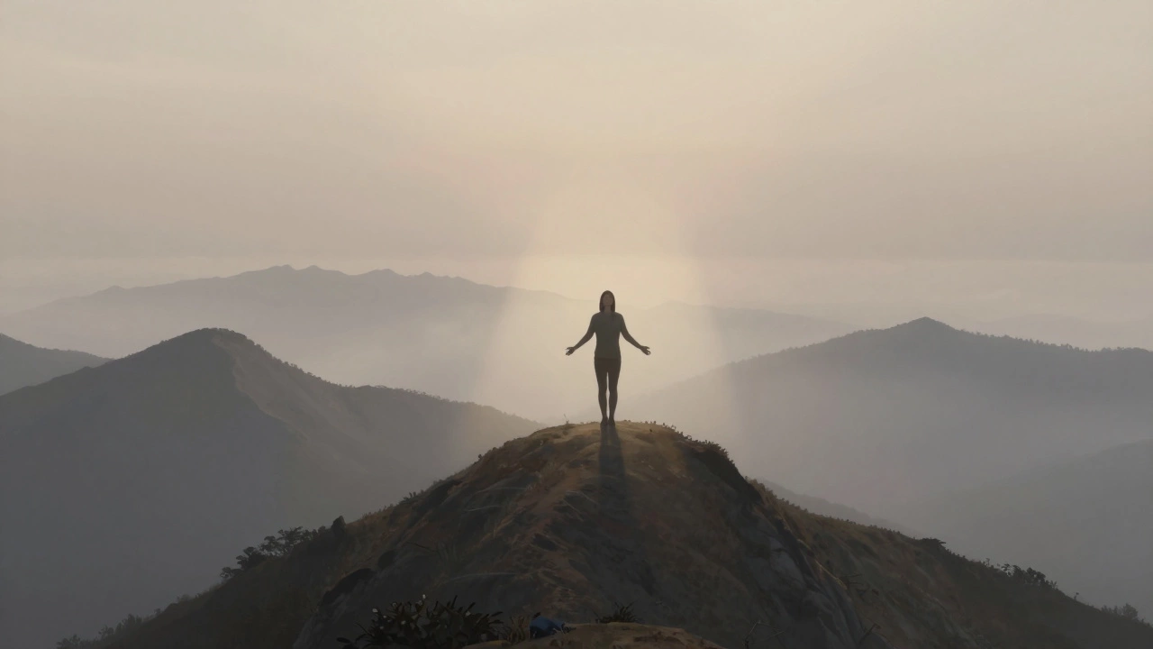 Человек на вершине горы, затерянный среди бескрайних хребтов и облаков, в ореоле утреннего света.