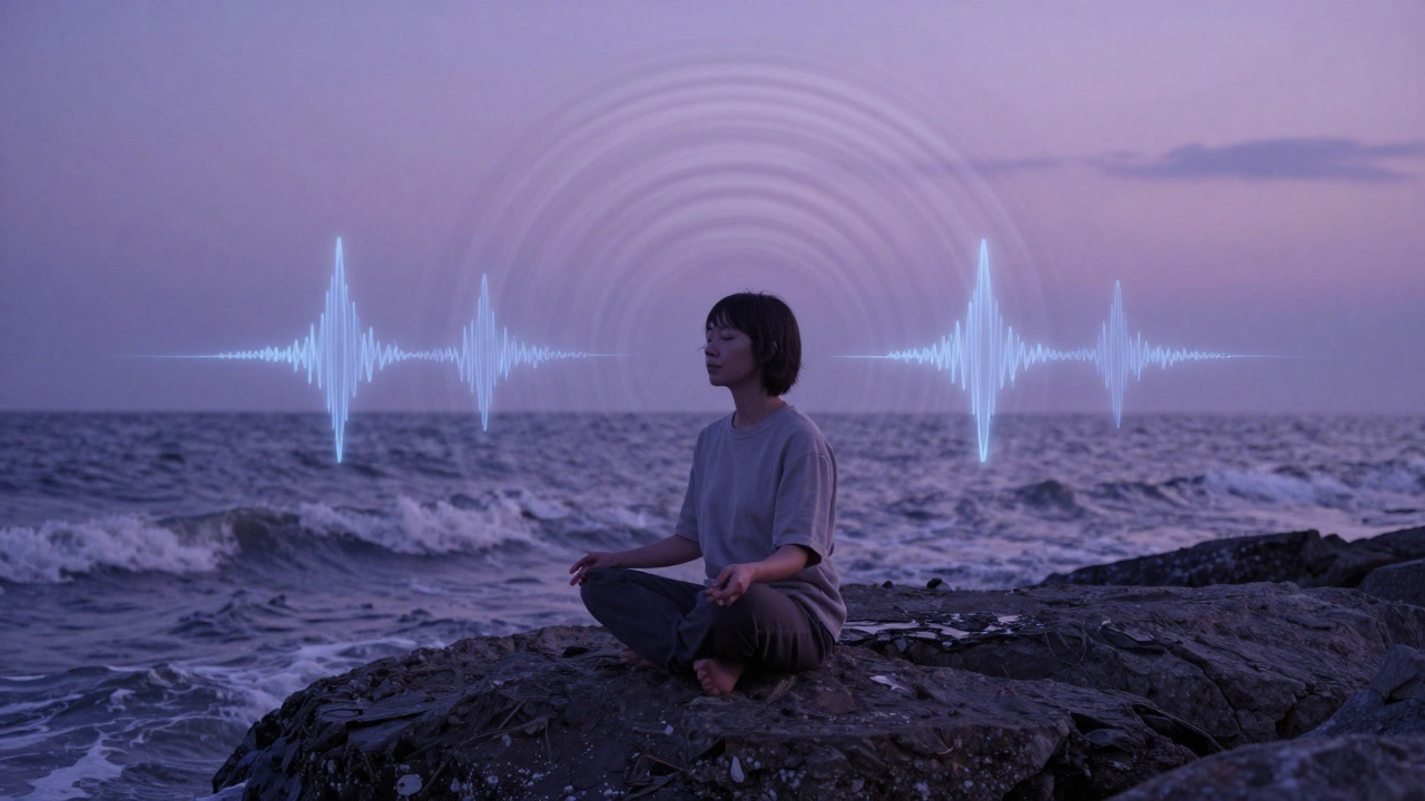 Человек с закрытыми глазами на берегу на закате, волны и мозговые волны визуализированы как рipples в воздухе.