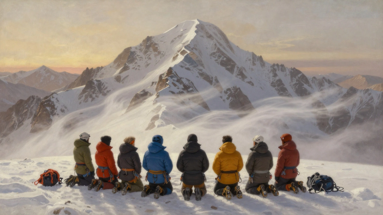 Группа альпинистов kneeling перед горой, отказавшаяся от восхождения из уважения.