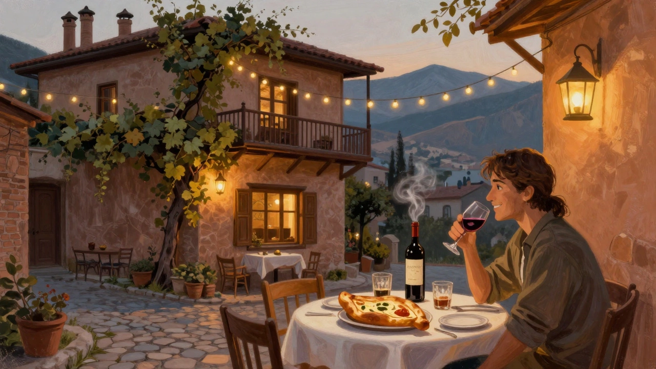 Грузинская гостиница с вином и хачапури на балконе среди гор.