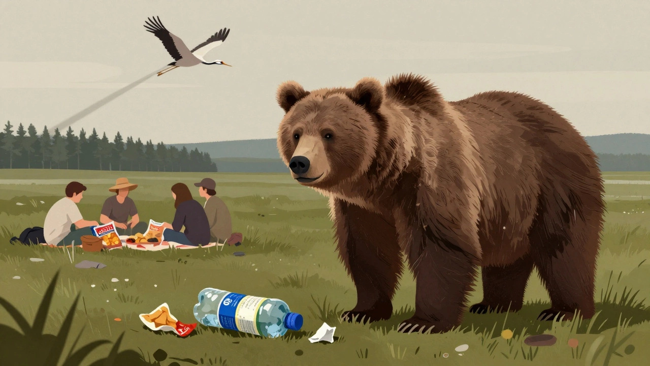 Медведь в заповеднике Байкал стоит рядом с пластиковой бутылкой и оберткой, туристы пикникуют вдалеке.