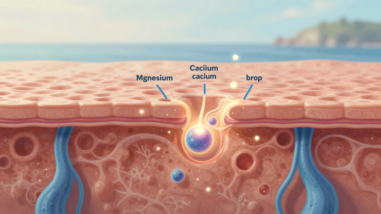 Микроскопическое изображение кожи, в которую проникают ионы магния и кальция из морской воды.