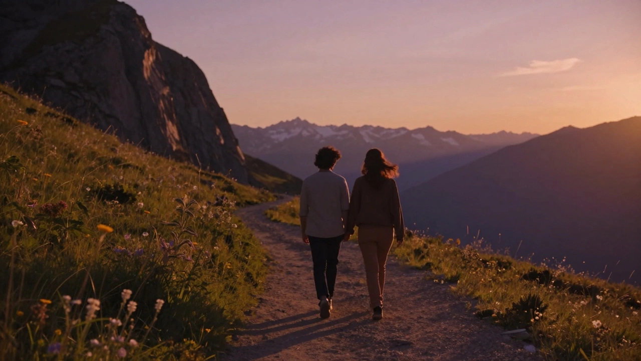 Пара молча идёт по горной тропе на закате, окружённая цветами и скалами, без гаджетов.
