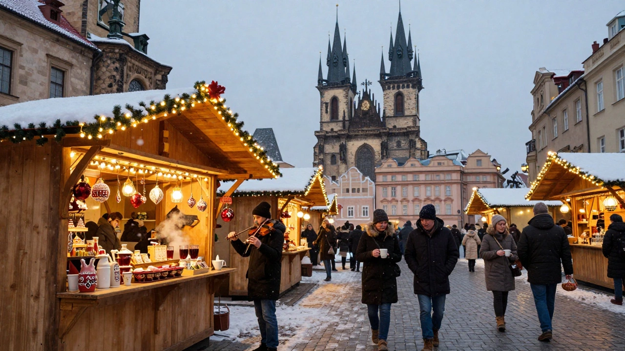 Прага зимой: рождественский рынок под снегом с огнями и музыкой