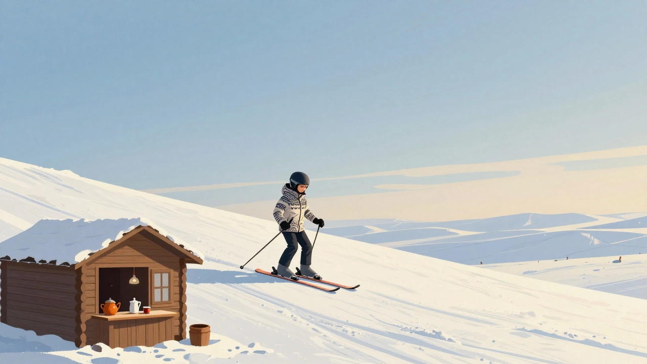 Ребёнок учится кататься на лыжах в Шымкенте, Казахстан, под ясным небом с чашкой чая вдали.