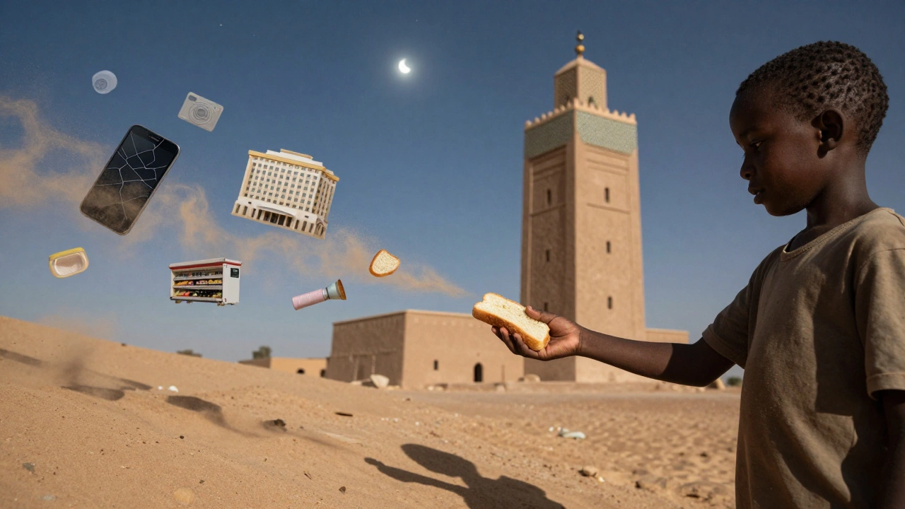 Ребенок в Нигере делится хлебом с туристом под звездами, вокруг растворяются образы богатства.