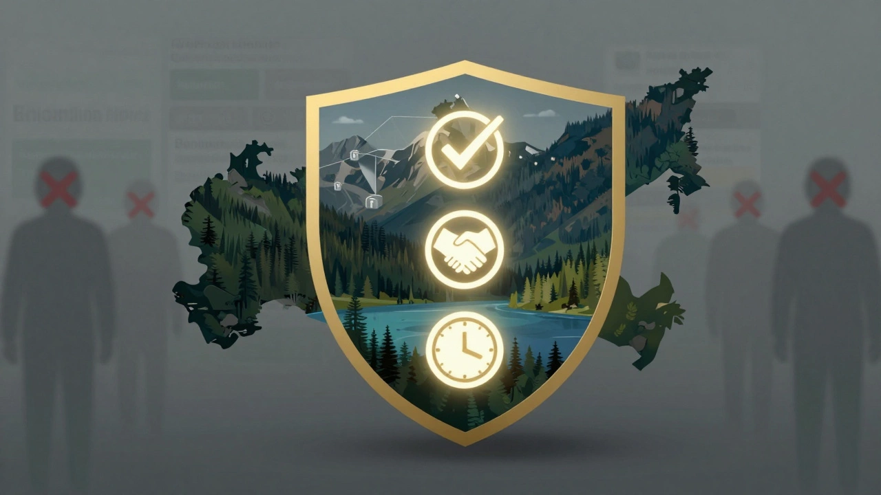 Щит из российских пейзажей с символами надежных туров: проверенные отели, прямые операторы и оптимальное время бронирования.