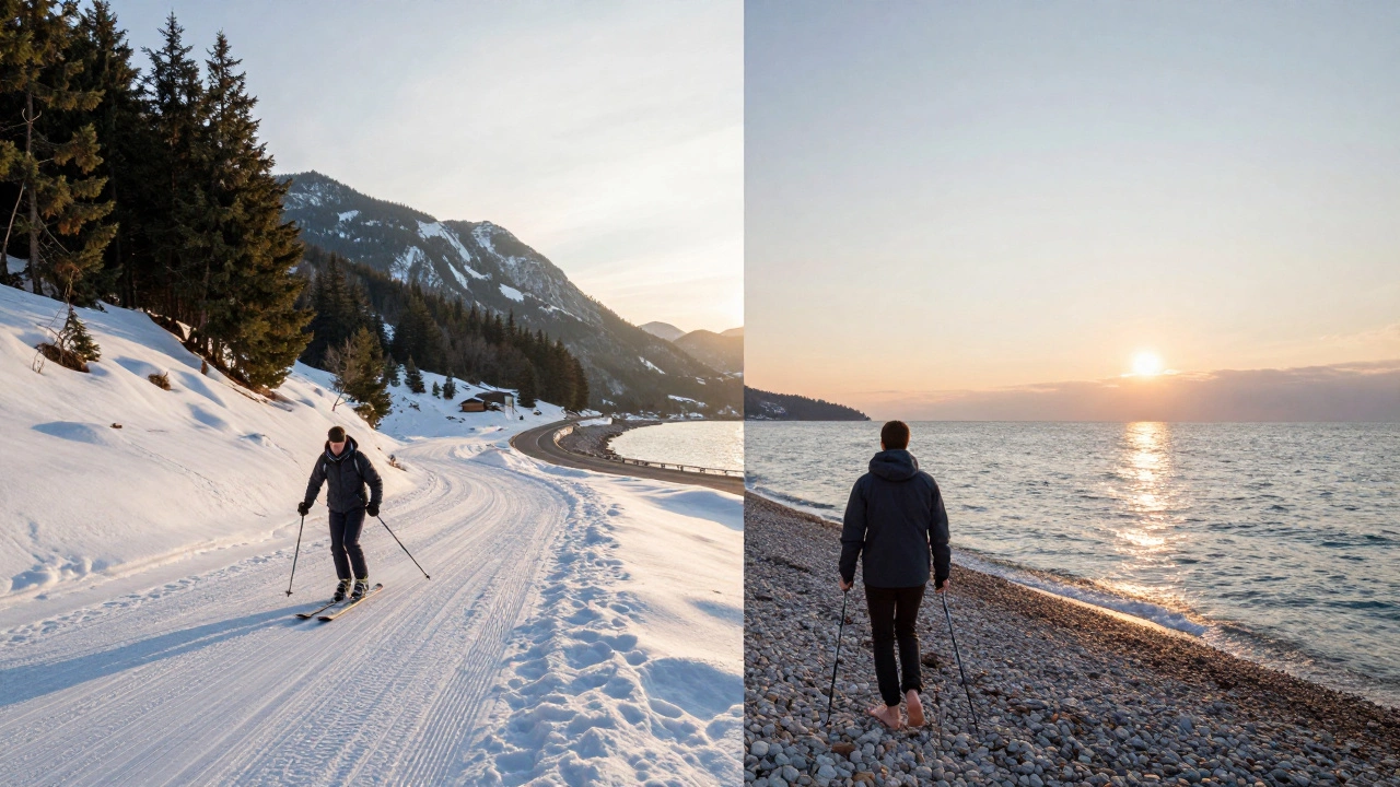 Скейт-снег и море в Белое Поле, Черногория: лыжник на склоне и на пляже в один день.