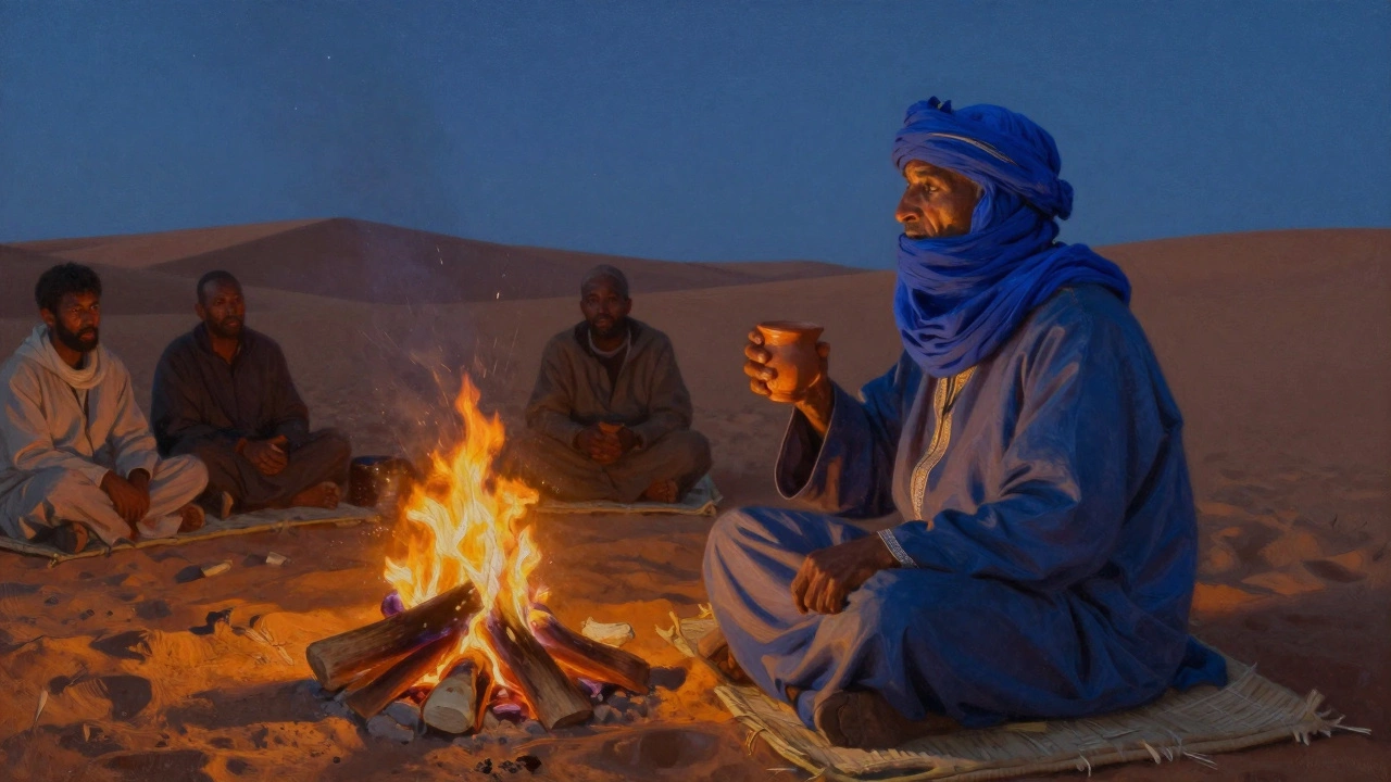 Старый туарег поет у костра в пустыне Тенере, туристы сидят вокруг, над ними звездное небо.