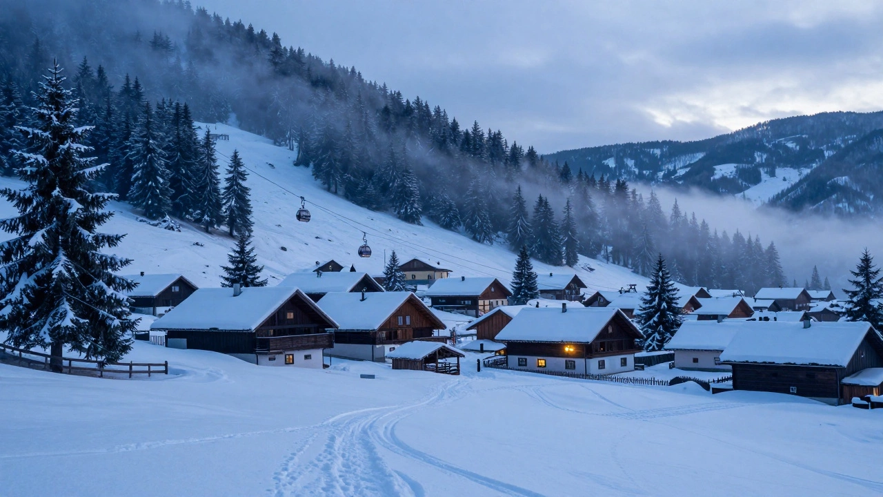Тихая деревня Пойана Брашов в Румынии на рассвете, с туманом, соснами и одиноким подъёмником.