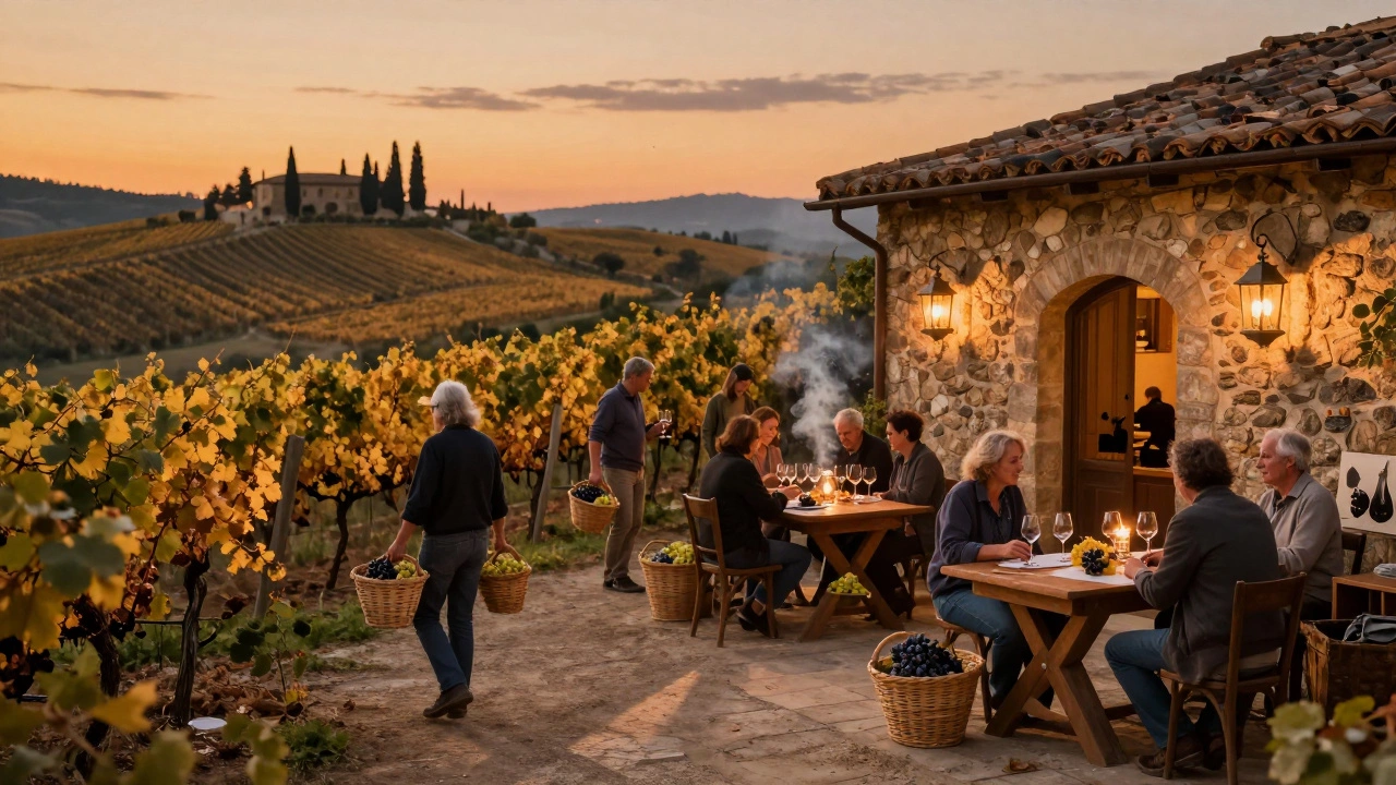 Тоскана осенью: сбор винограда и дегустация вина в золотых виноградниках