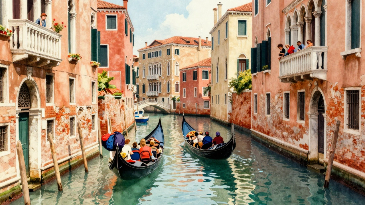 Венеция в июле: каналы переполнены туристами, местные жители наблюдают из окон.