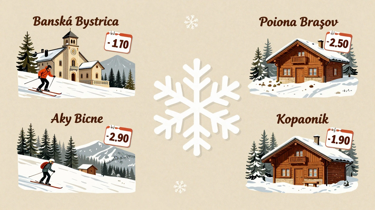 Винтажный постер с изображением доступных европейских горнолыжных курортов и ценами на лыжи.