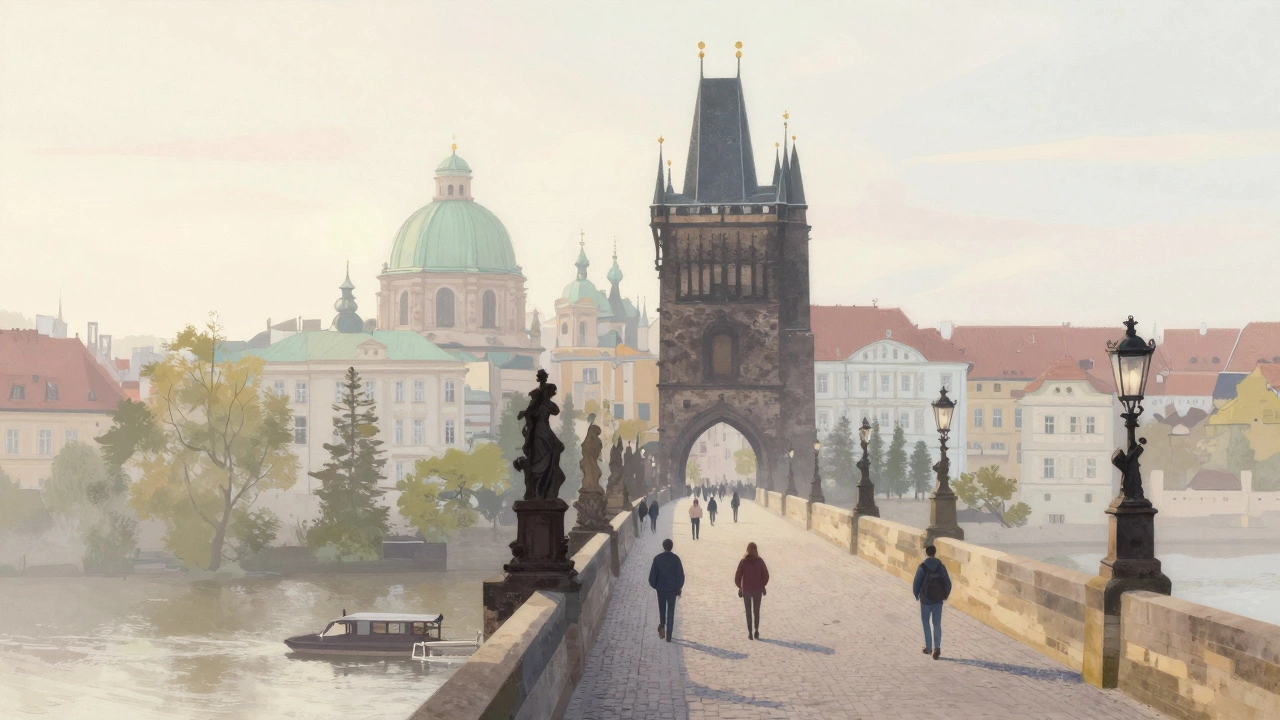 Чарльз Мост в Праге с туманом и людьми на рассвете.