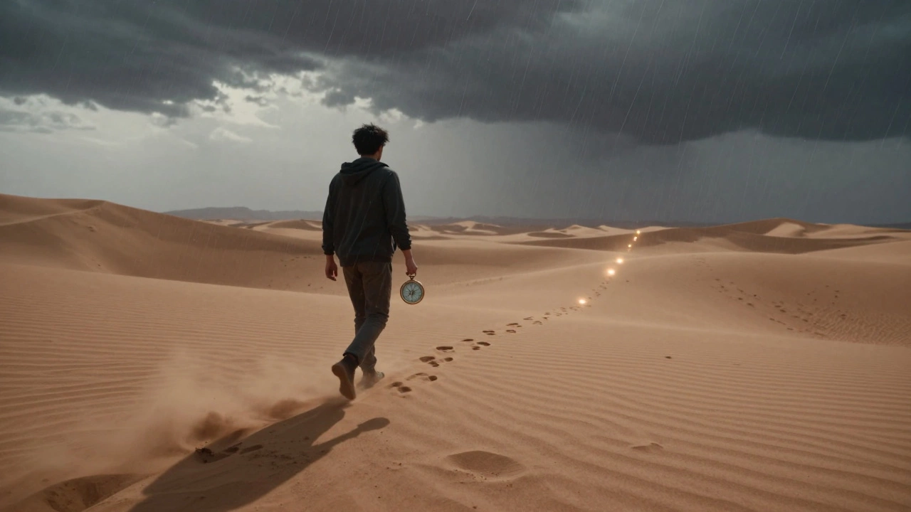 Человек идёт через бурю в пустыне, держа компас, следы в песке ведут вперёд к горизонту.