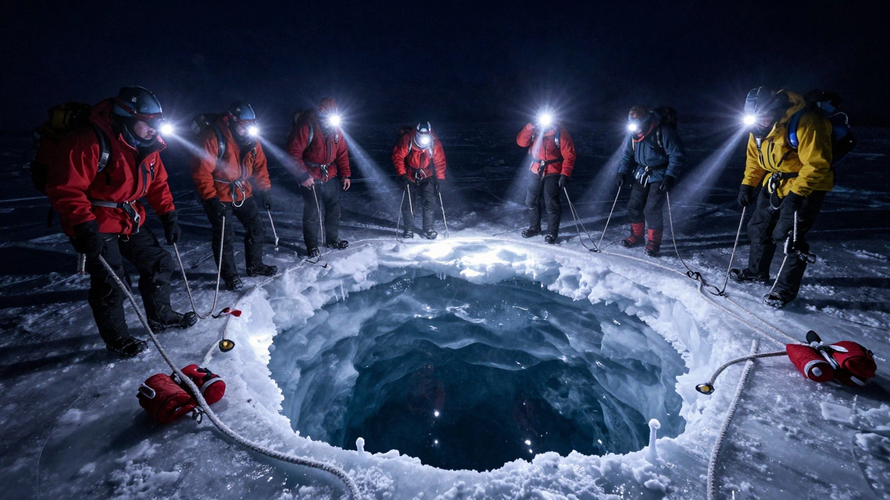 Экспедиция по замёрзшему Байкалу ночью с фонариками и трескающимся льдом под ногами.