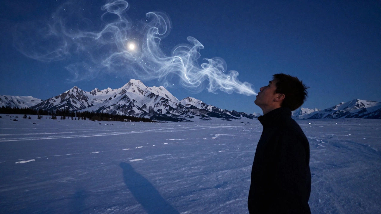 Фигура человека на тундре Аляски, вдыхающего светящийся чистый воздух в звездной ночи.