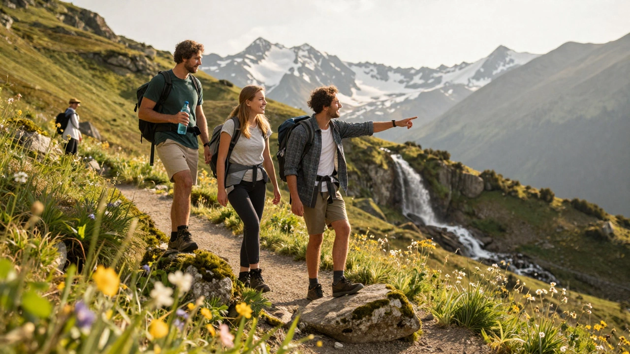 Группа людей гуляет по горной тропе, виден водопад на фоне снежных вершин.