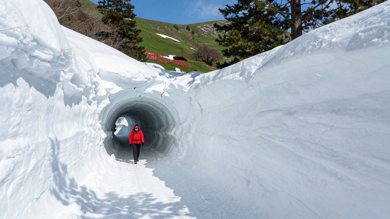 Ледяной тоннель снега в Японских Альпах, через который идет турист в красной куртке, летом.