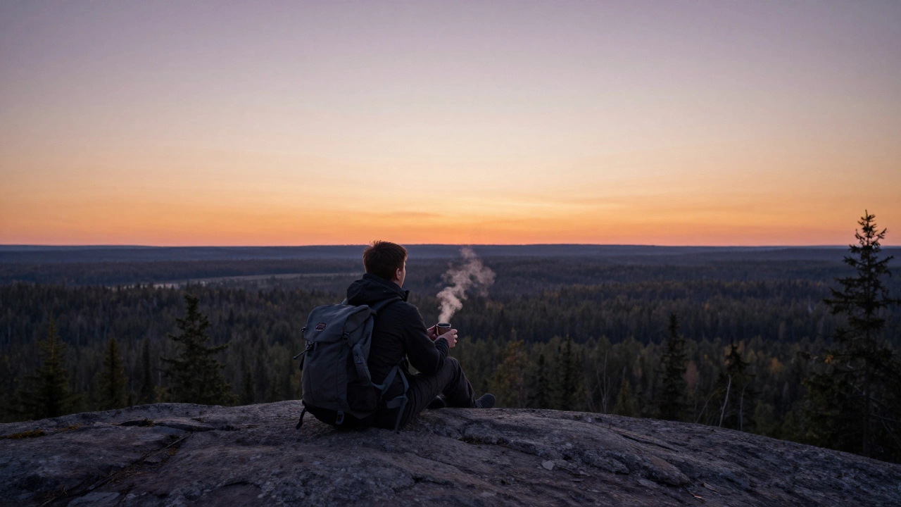 Одинокий путешественник сидит на скале на закате, смотрит на лесную долину в Карелии.