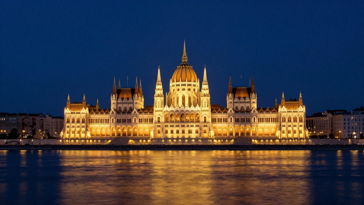 Парламент Будапешта ночью с отражением в Дунае.