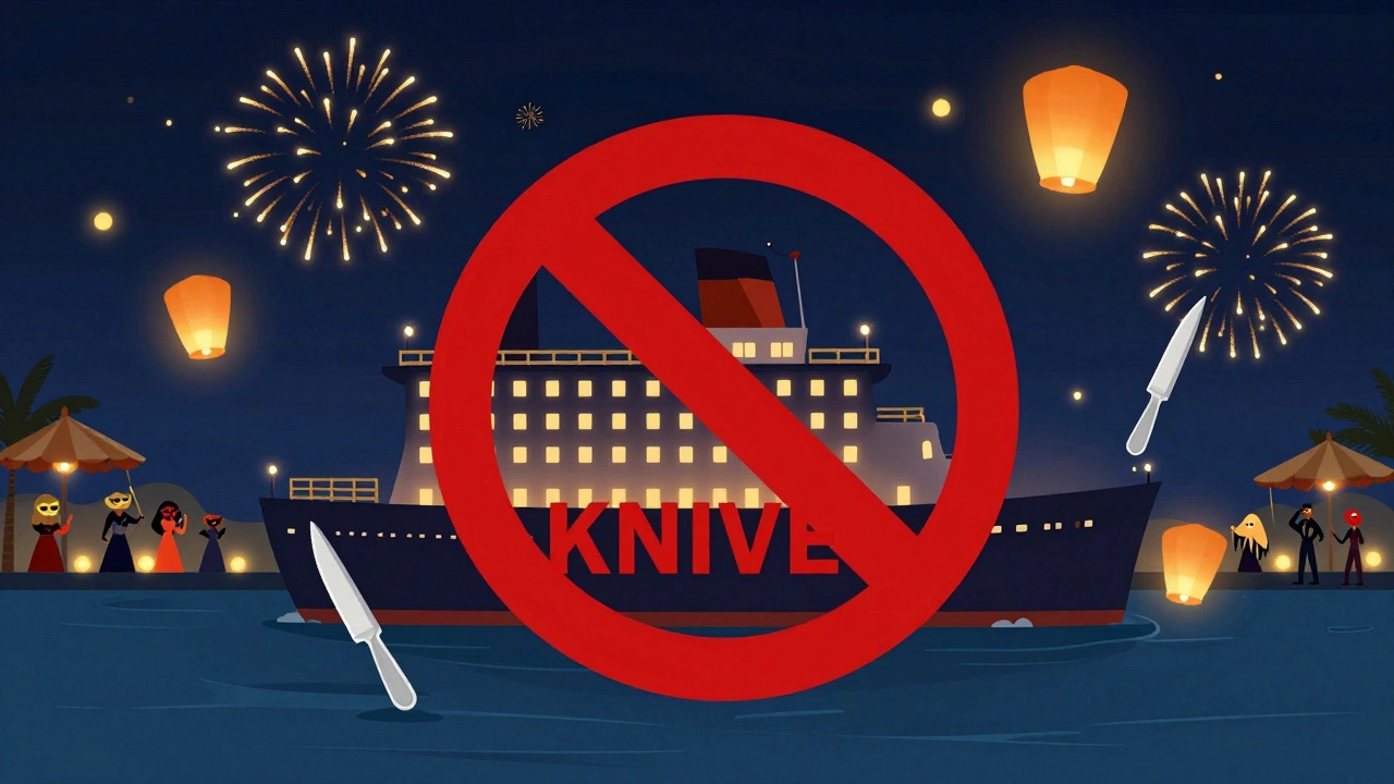 Плавучий отель в карнавальную ночь с запрещающим символом 'Ножи запрещены' и легкими пластиковыми ножами вокруг.
