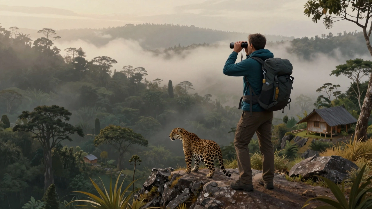 Путешественник наблюдает за ягуаром в туманном лесу Анд, стоя на скалистом утесе на рассвете, рядом — экологичный коттедж.