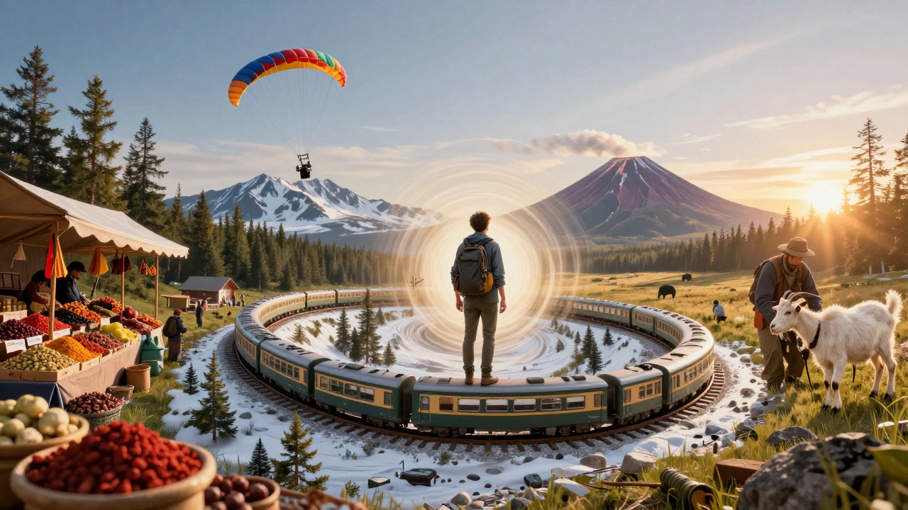 Путешественник в центре вихря, где сливаются поезд, парашют, рынок со специями и ферма — символ поиска себя через путешествия.