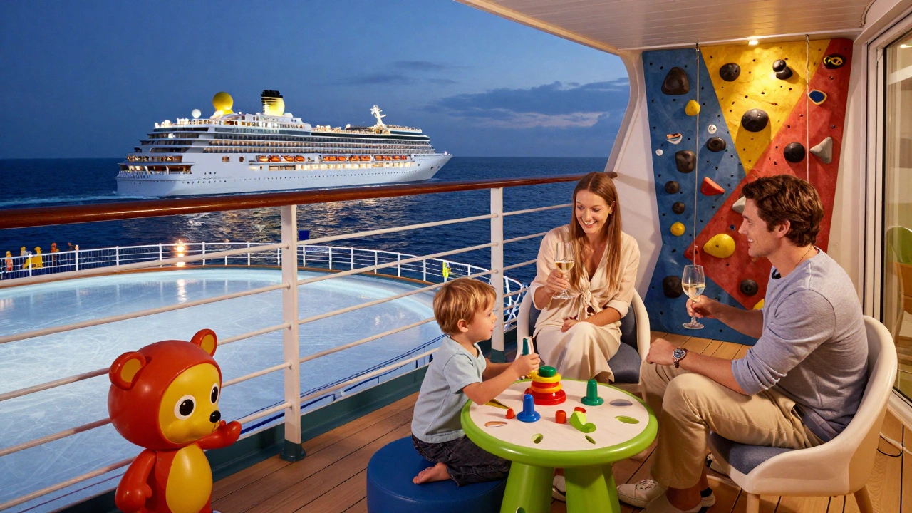 Семья отдыхает на круизе: дети играют, родители на балконе, корабль с развлечениями.
