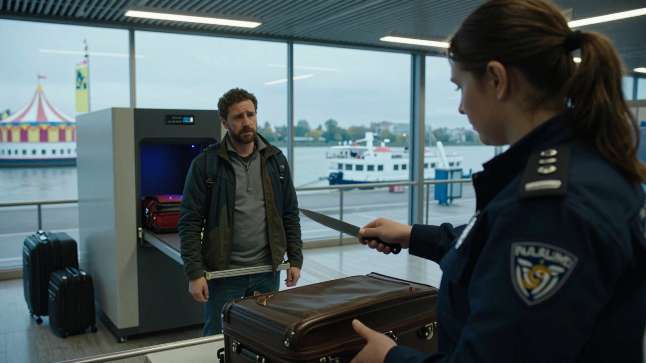 Сотрудник безопасности изымает металлический нож из багажа на контрольно-пропускном пункте речного порта.