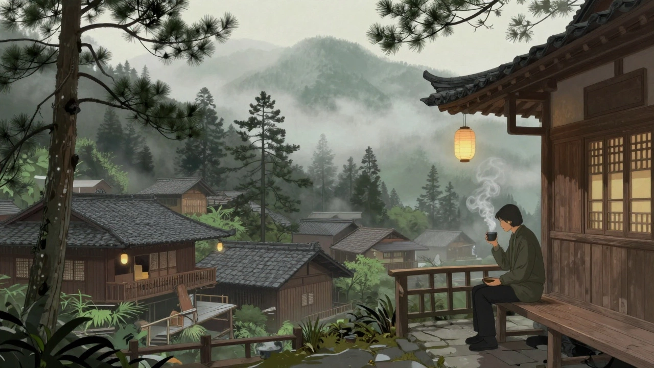 Тихая деревушка Цзюйфэнь на Тайване с деревянными чайными домиками и туманом, окутывающим деревья.