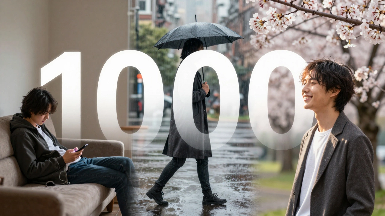 Три фазы одного человека: от бездействия к прогулке под дождём и к радости от природы — символ тихого, но глубокого изменения.