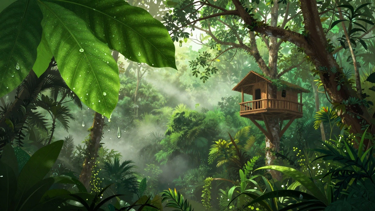 Тропический лес Коста-Рики с каплями росы и светящимися частицами эфирных масел деревьев.