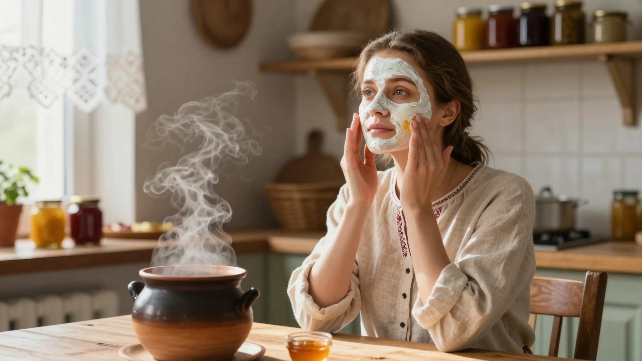 Украинская женщина наносит медово-молочную маску на кухне в деревне.