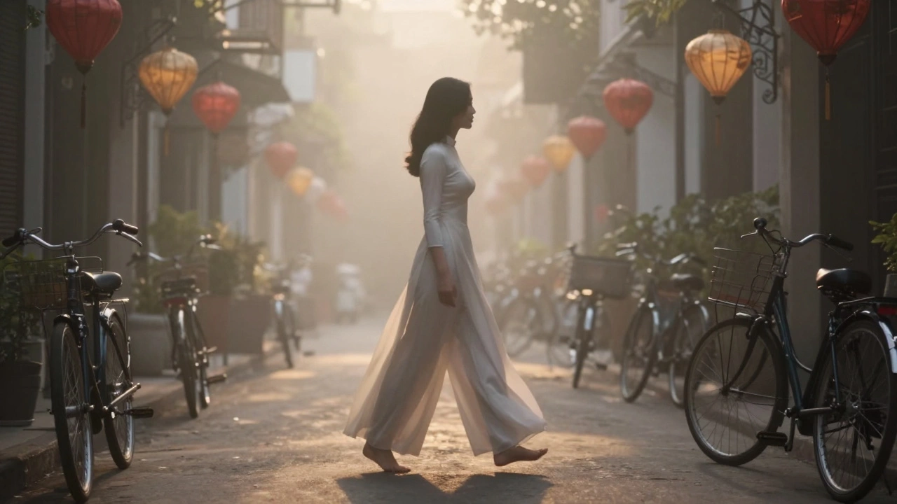 Вьетнамская женщина в áo dài идет по утренней улице, ее силуэт окутан туманом.