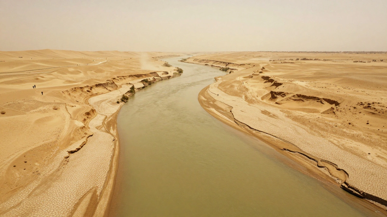 Высохшая река Евфрат, превратившаяся в пустынную трещину, с крошечными фигурами на горизонте.