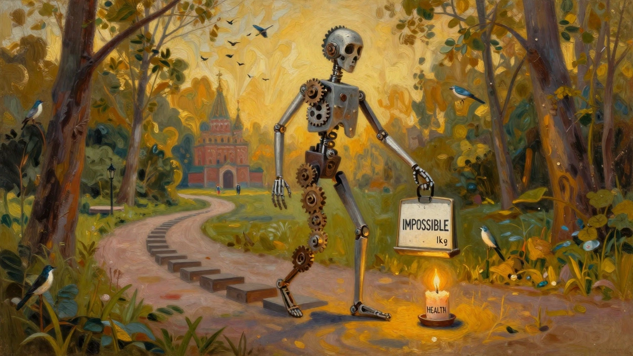 Человеческое тело как машина: одна рука — шаги, другая — вес, рядом горит свеча здоровья, вокруг — пешеходная тропа и природа.