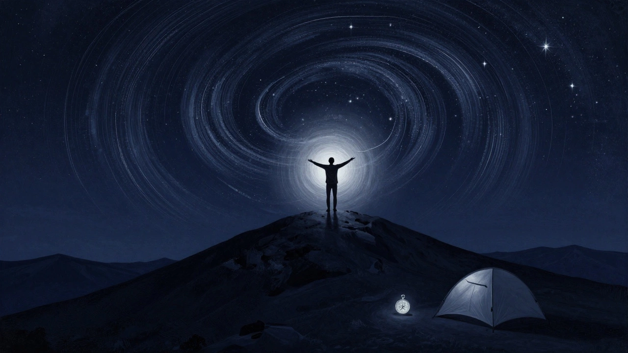 Человек на вершине горы ночью, под звёздным небом, рядом лежит компас — символ внутренней ясности.