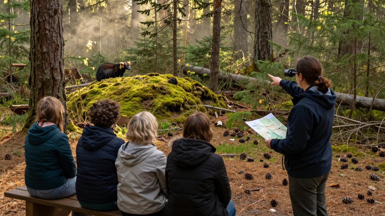 Группа посетителей слушает гида во время экскурсии в лесу, рядом с редким баргузинским соболем.