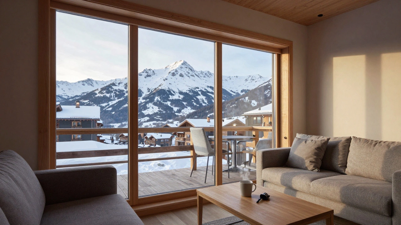 Интерьер компактной квартиры с панорамным видом на заснеженные горы