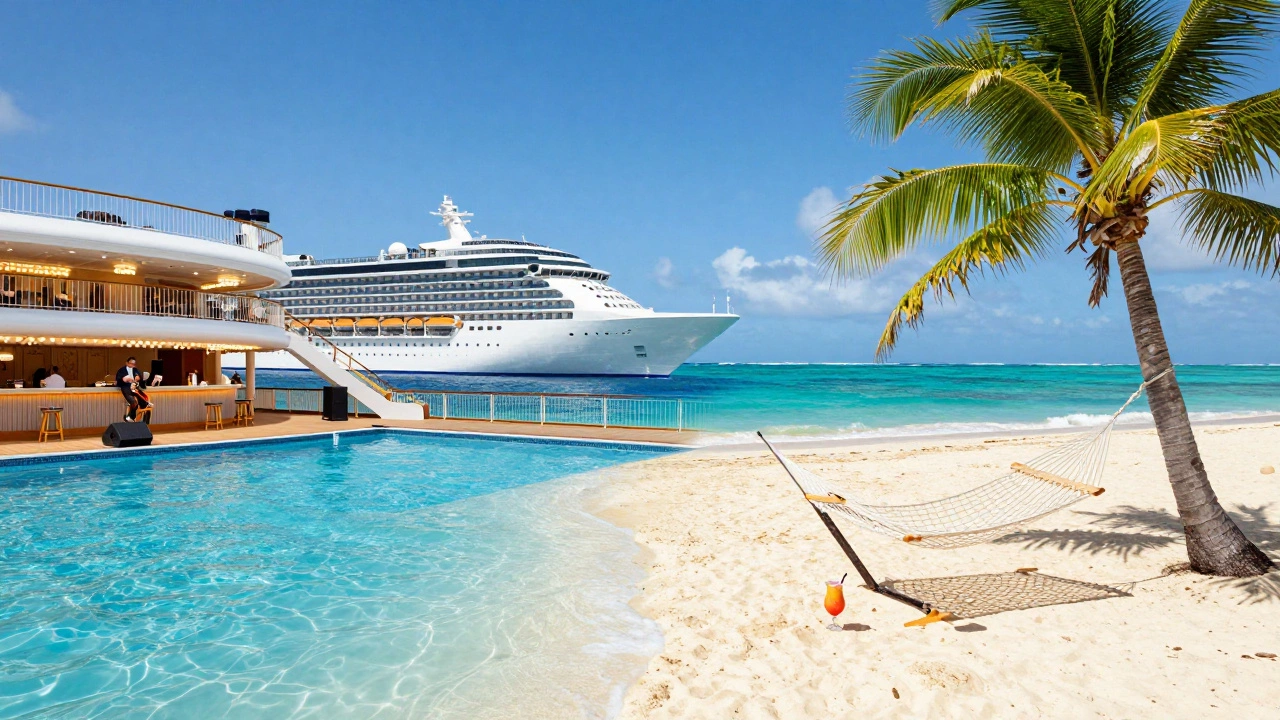 Контраст: роскошь круизного лайнера и спокойствие пляжа на Багамах.