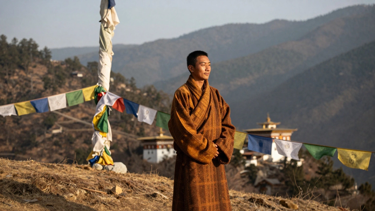 Мужчина в традиционном гхо в Бутане стоит на холме с молитвенными флагами, горы и свет за ним.